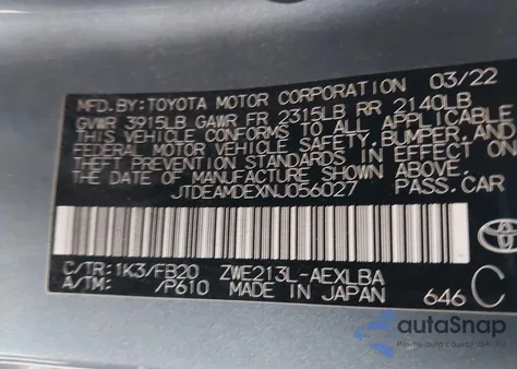 2022 Toyota Corolla Hybrid Le from USA, damaged, VIN JTDEAMDEXNJ056027